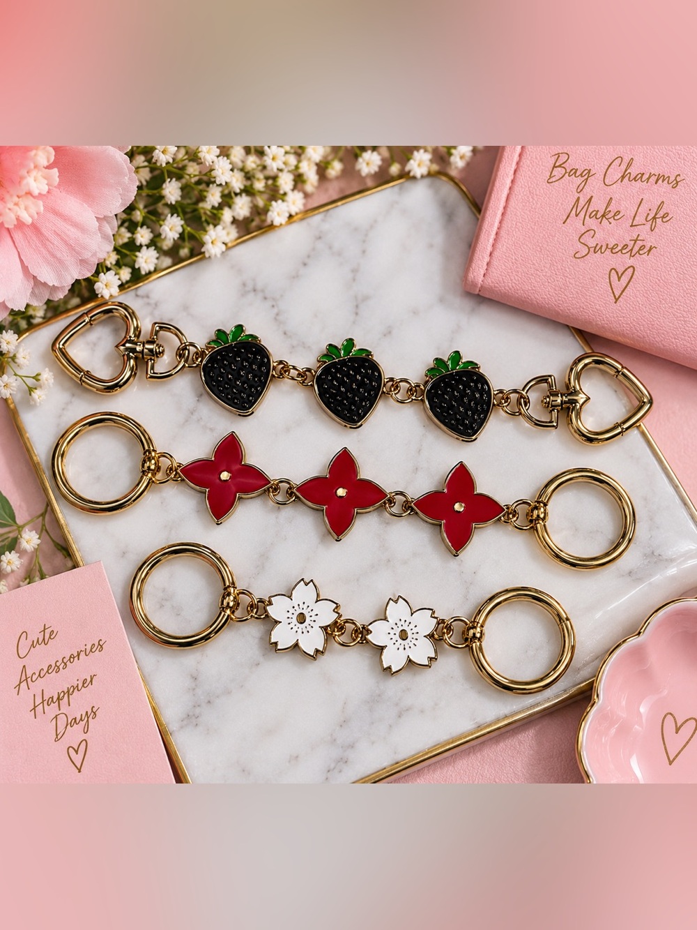 Set of 3 Floral & Strawberry Charm Keychains Gold Tone Red White Black